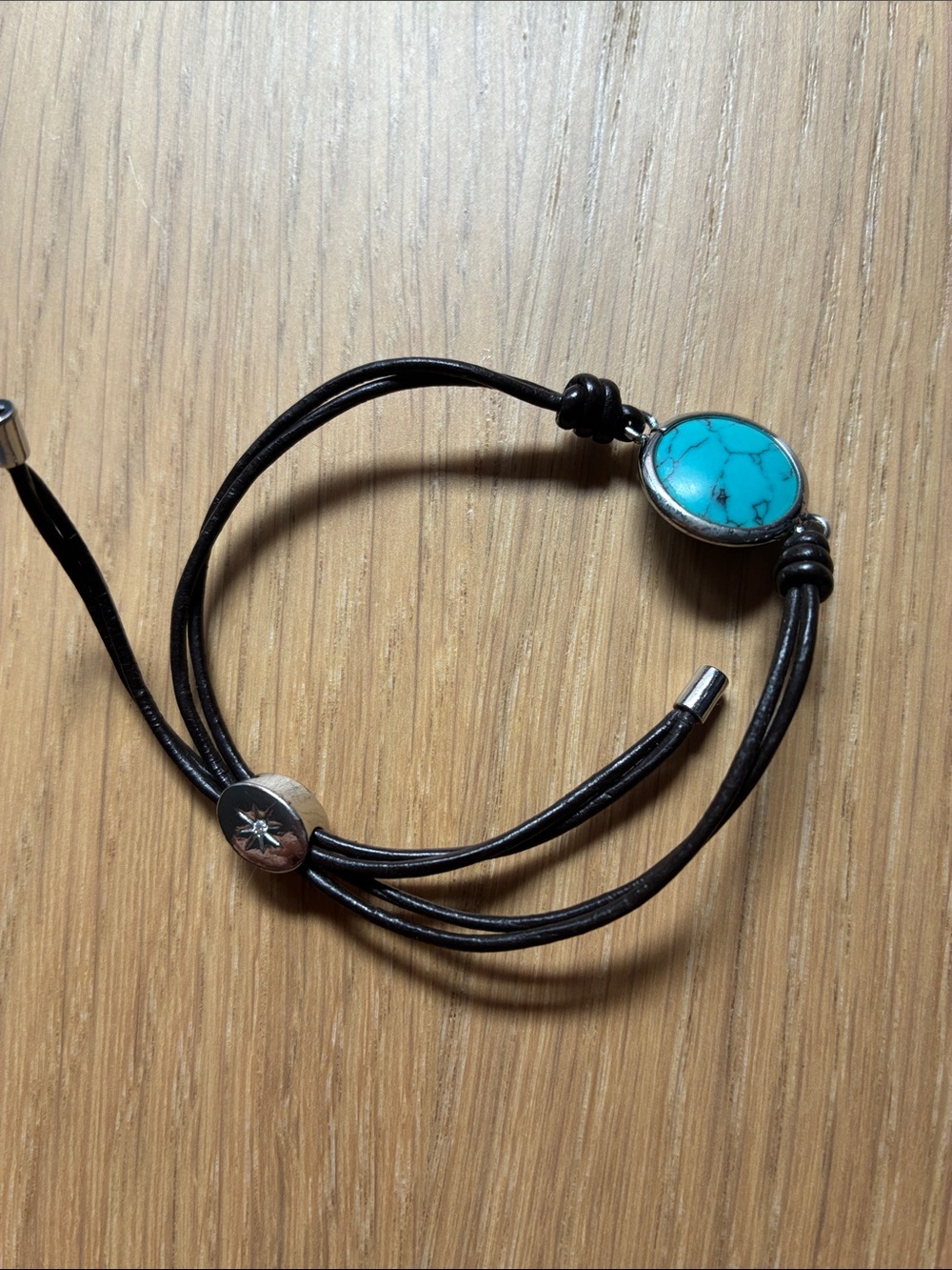 Fossil Turquoise Cabochon Black Leather Bracelet